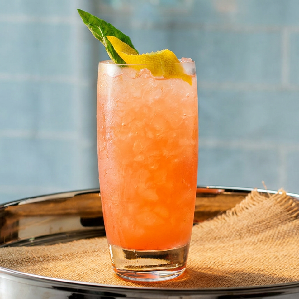 Pink cocktail with crushed ice, lemon peel, and a green leaf garnish on a metal tray.