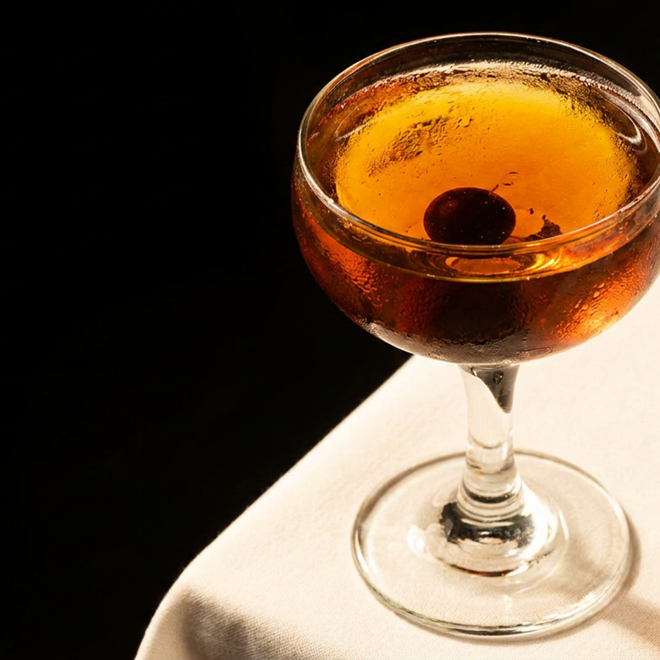 A Manhattan cocktail with a cherry and orange peel, on a white tablecloth with a dark background.