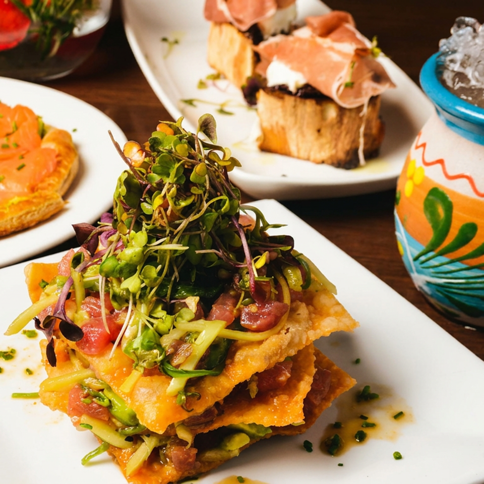 Assortment of appetizers including a salmon tart, tuna tostadas, prosciutto bruschetta, and a cocktail.