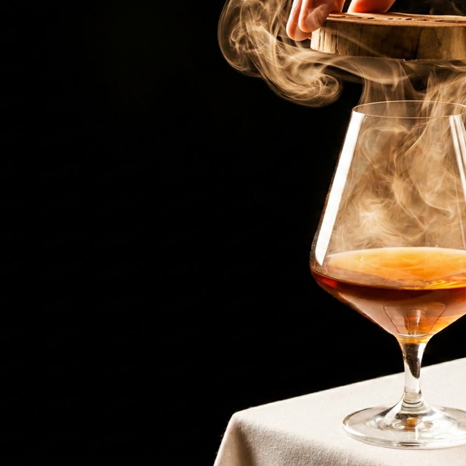 A hand infuses smoke into a glass of amber liquor on a white tablecloth against a black background.