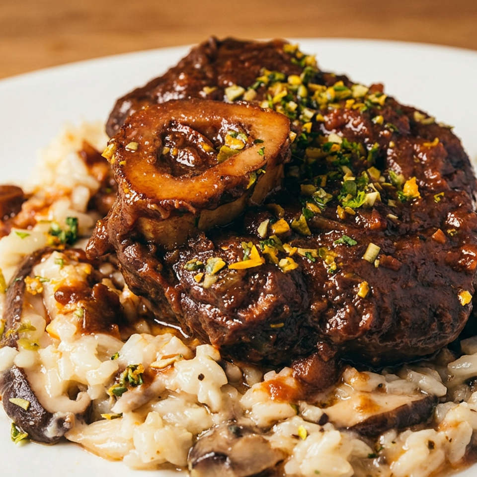 Braised osso buco with gremolata on a bed of creamy mushroom risotto, served on a white plate.
