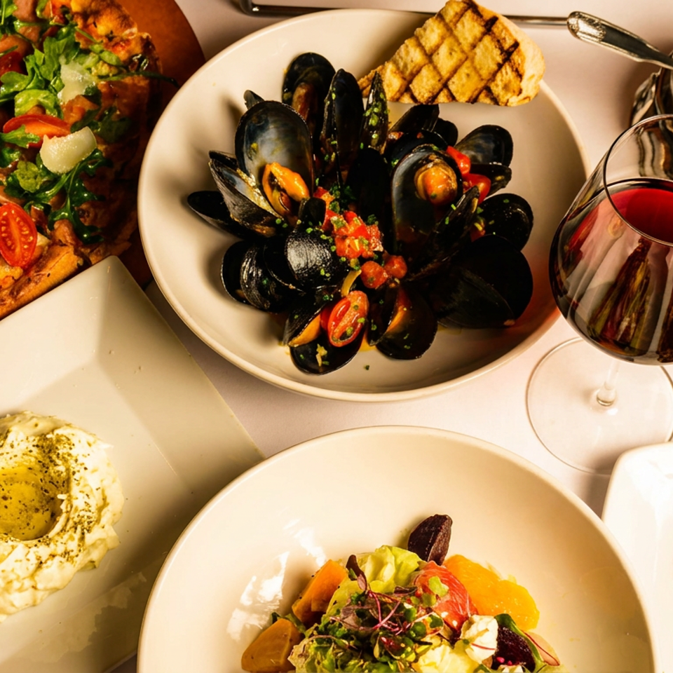 A table laden with Italian dishes: pizza, mussels, salad, ravioli, burrata, and wine.